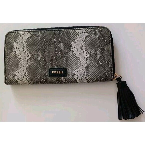 Fossil Zip Around Faux Leather Wallet Python Gray Taupe Side Tassel Women's - Picture 1 of 12